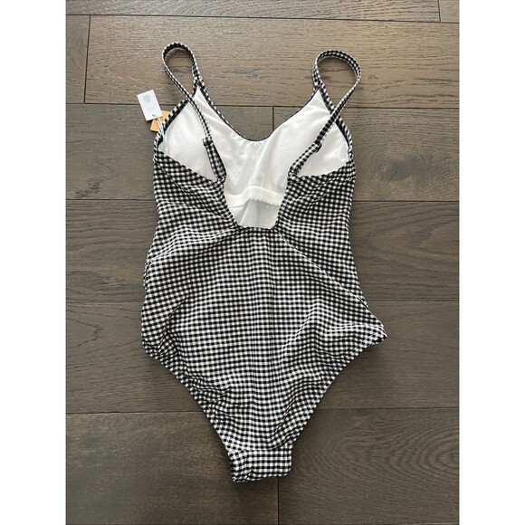 NWT Kona Sol One Piece Swimsuit Black White Textured Gingham Ruched Medium - Picture 5 of 7